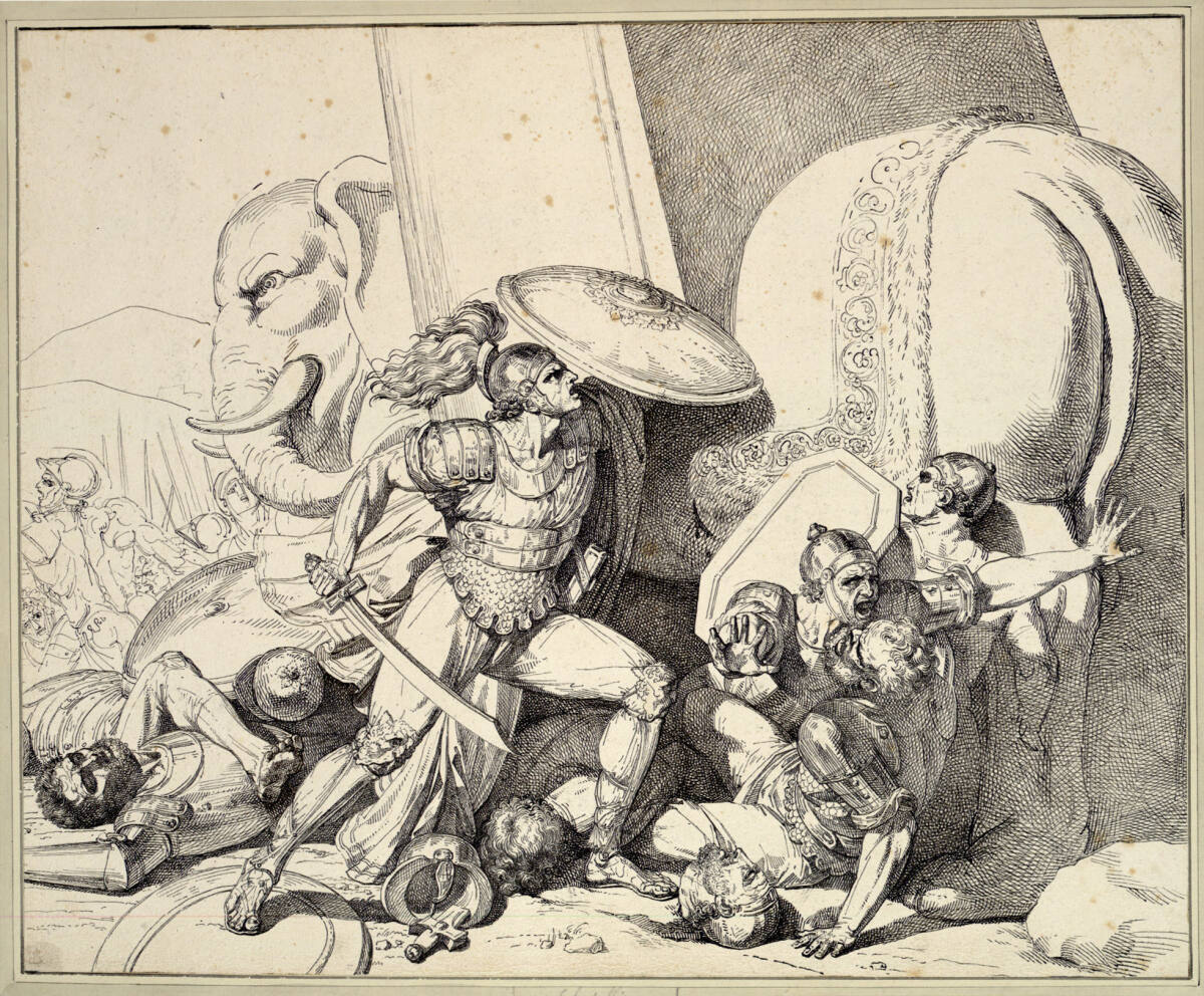 Eleasar, zwischen zahlreichen Kriegern nach rechts stürmend, greift einen Elephanten an, Luigi Sabatelli