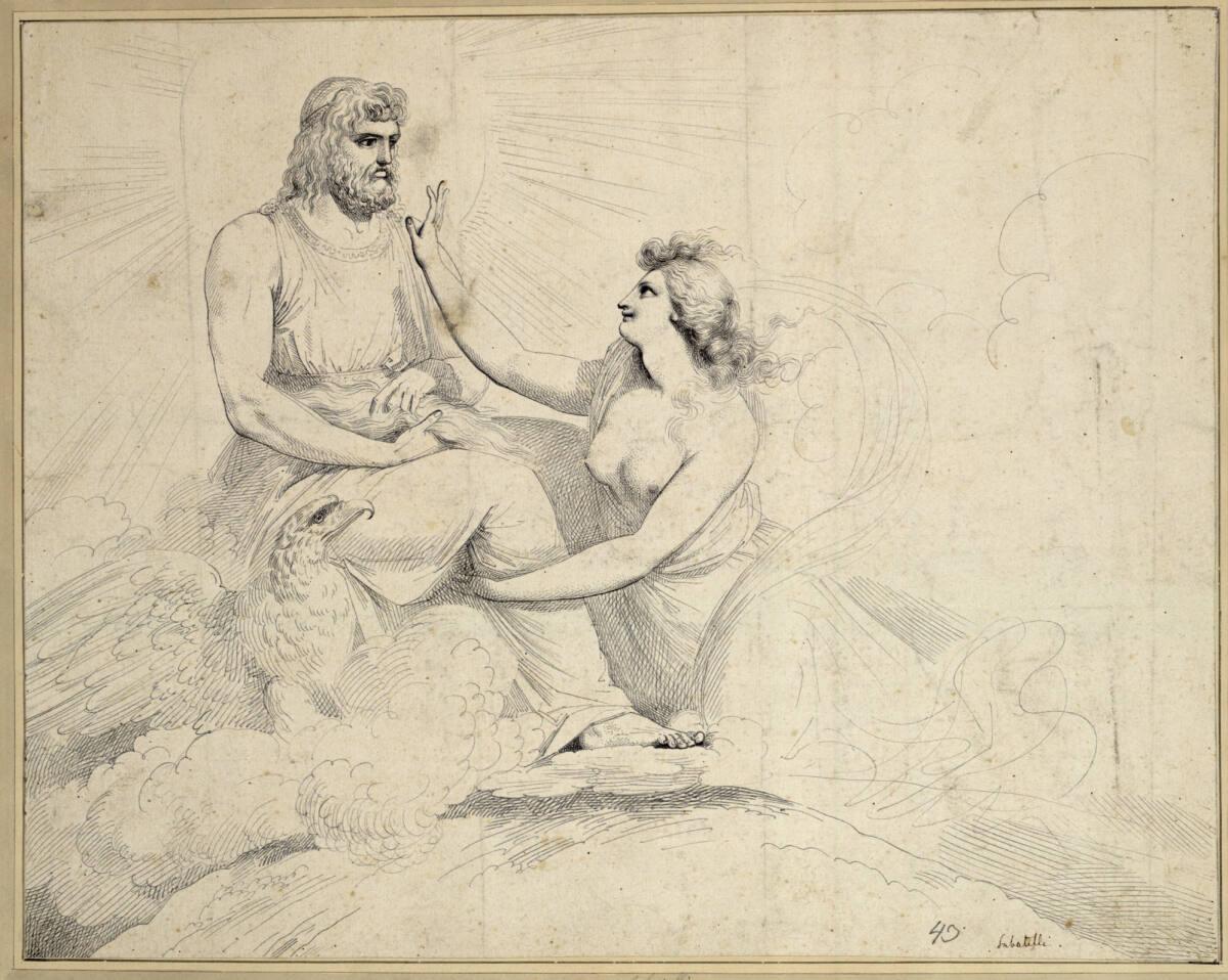 Luigi Sabatelli, Venus umschmeichelt Jupiter. (Sie hat die Rechte emporgestreckt, um seine Wang…