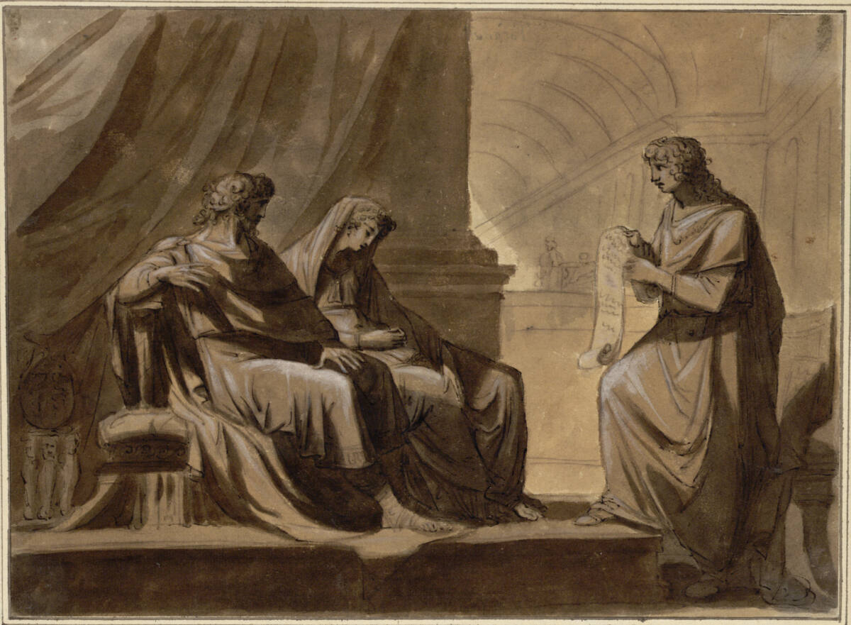 Mythologische Szene. (Ein junger Mann in antiker Tracht, der rechts in einer Halle im Profil nach links steht, liest einem vor ihm sitzenden vornehmen Griechen und seiner Dame aus einer Rolle vor; beide Männer blicken auf die von Kummer (?) Gebeugte), Stefano Tofanelli