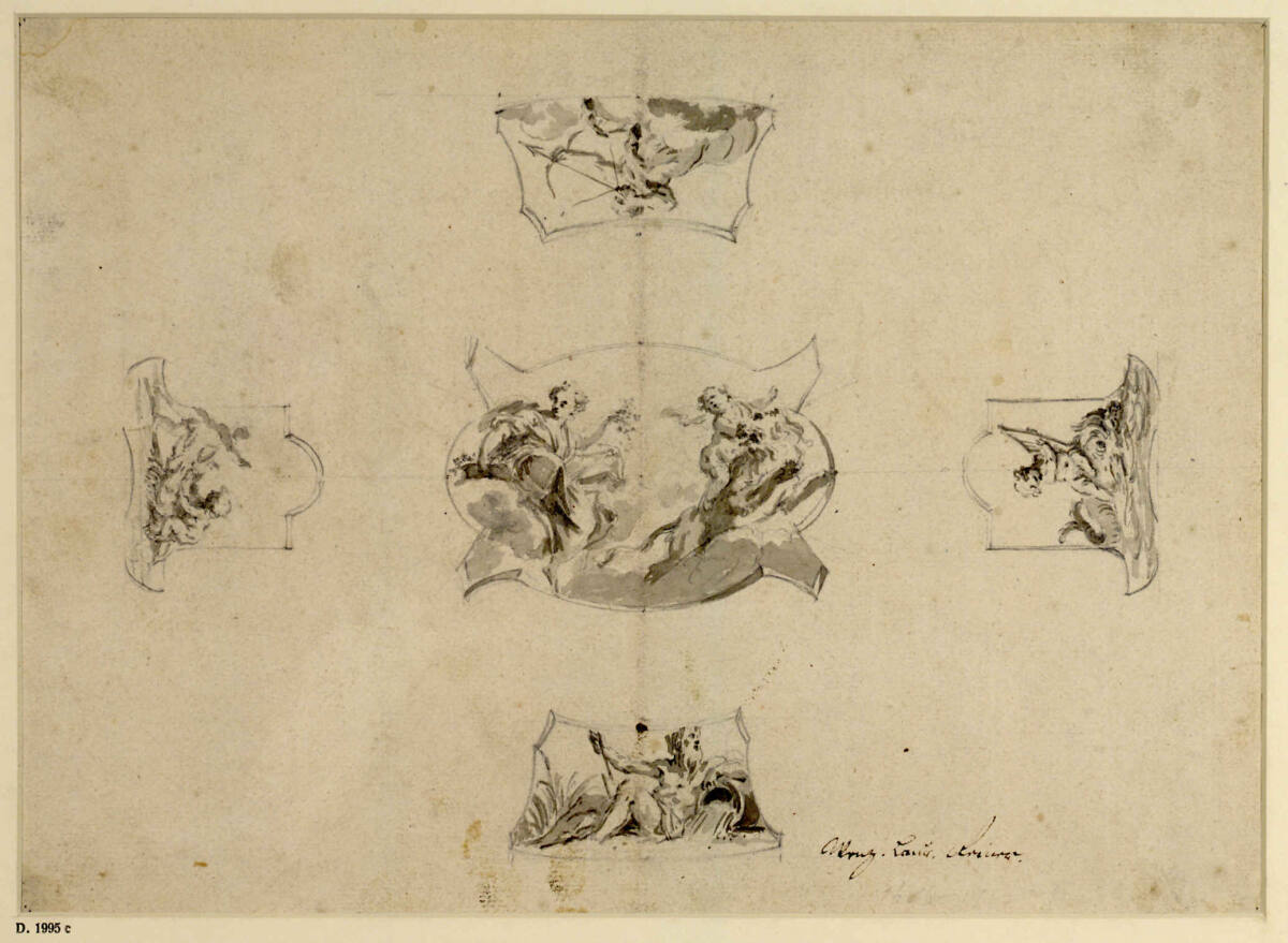 Deckenentwurf mit fünf Feldern, darin allegorische Figuren, Wenzel Lorenz Reiner