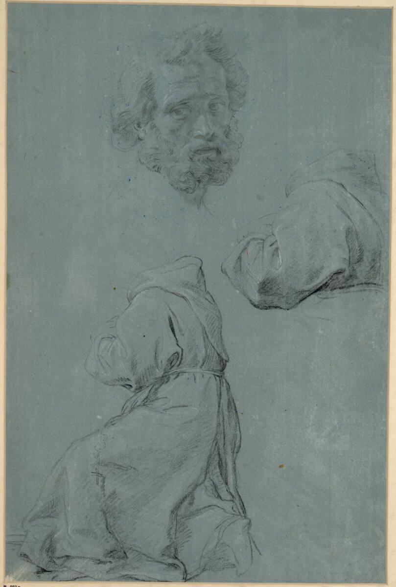 Pompeo Girolamo Batoni, Studienblatt. Nach links kniender Mönch; rechts darüber Wiederholung de…