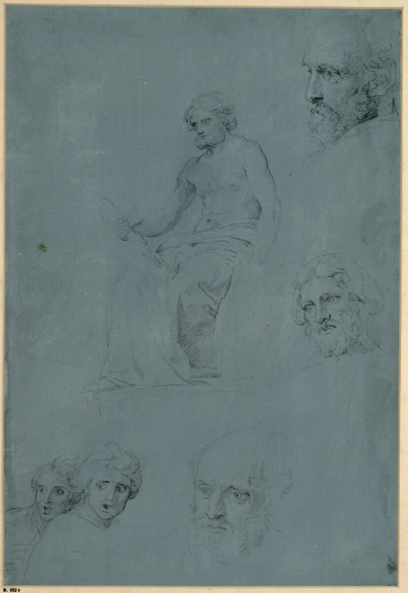 Pompeo Girolamo Batoni, Studienblatt. Nach links sitzender Zeus; drei männliche Köpfe; links un…