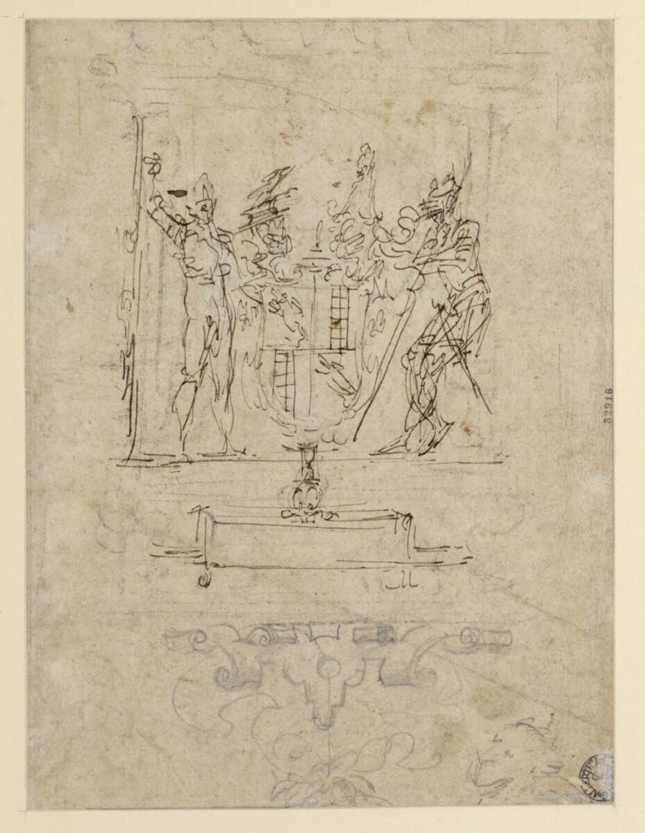 Wappen der Freiherren von Breuner mit zwei Kriegern, Hans Muelich