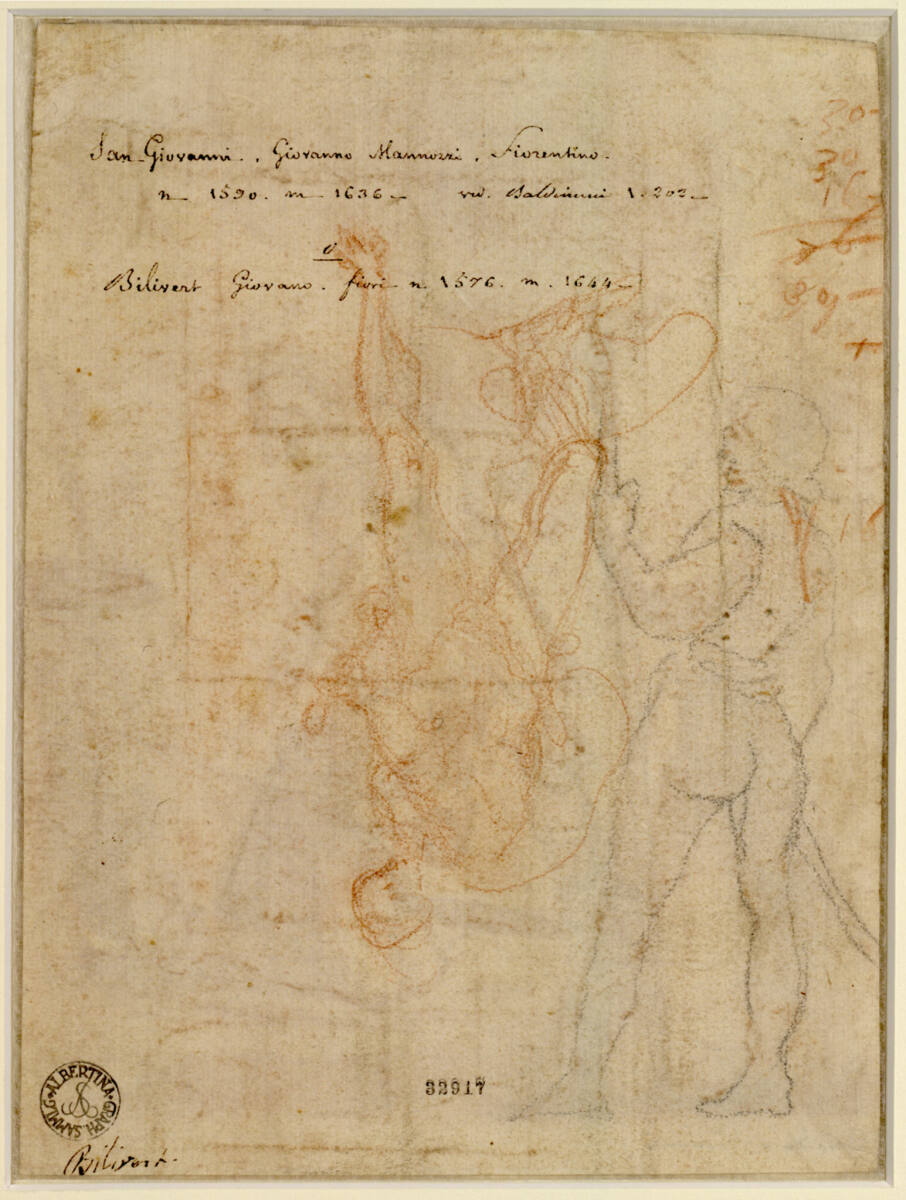 Die Figur des Fackelträgers mit Kreide durchgezeichnet auf dem Kopf stehend schwache Rötelskizze einer Variante der Figur des Schergen, Giovanni Biliverti