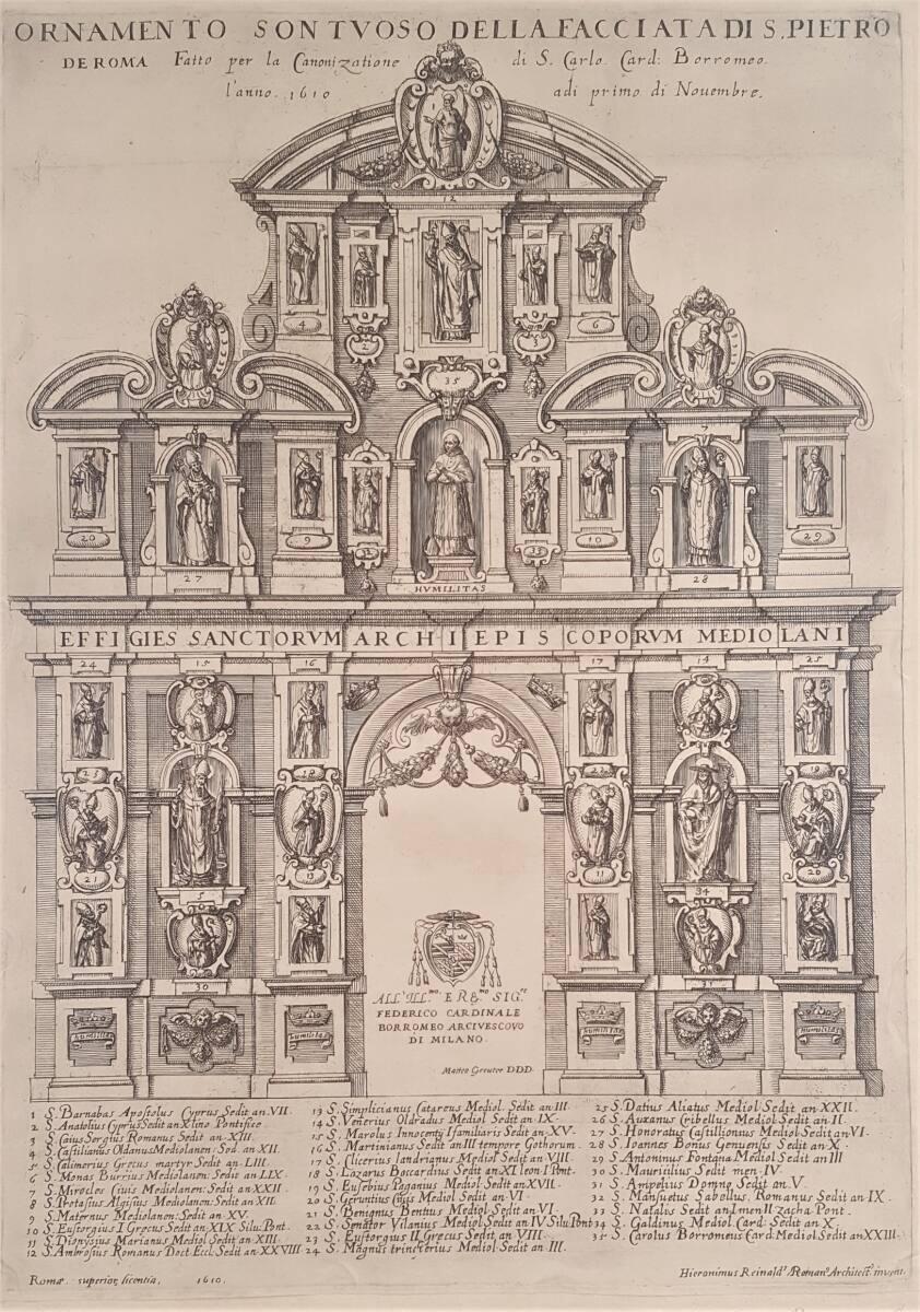 Festdekoration zur Heiligsprechung von Karl Borromäus an der Fassade von St. Peter in Rom am 1.…