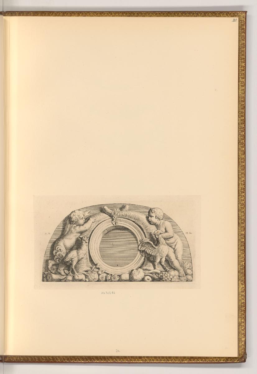 Erasme et Hubert Quellinus, Halbkreis Ornament: Früchte, Kinder, Hahn, Inv. Nr.: Holland nach S…