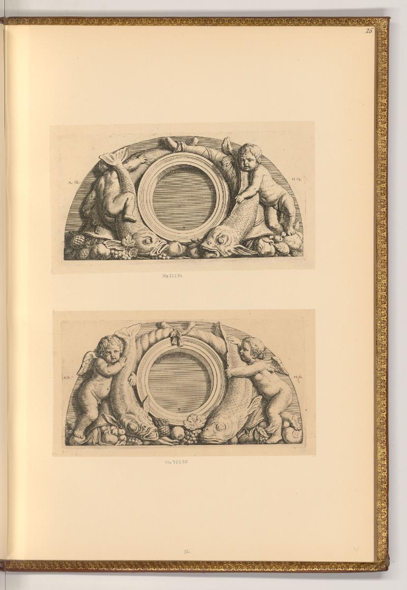 Erasme et Hubert Quellinus, Halbkreis Ornamet: Früchte, Kinder und Fische, Inv. Nr.: Holland na…