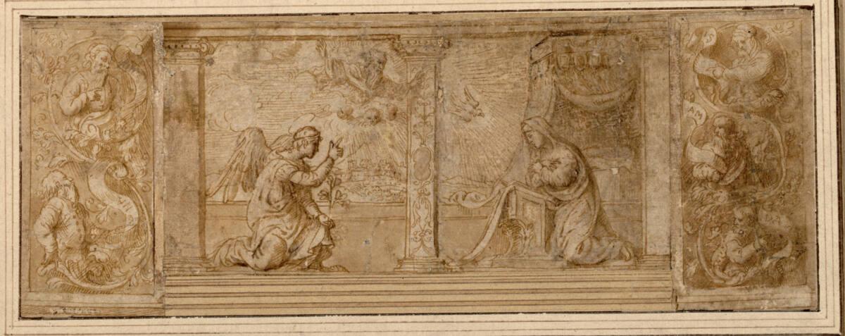 Girolamo da Santacroce, Verkündigung; links und rechts zwei resp. drei Halbfiguren von Prophete…