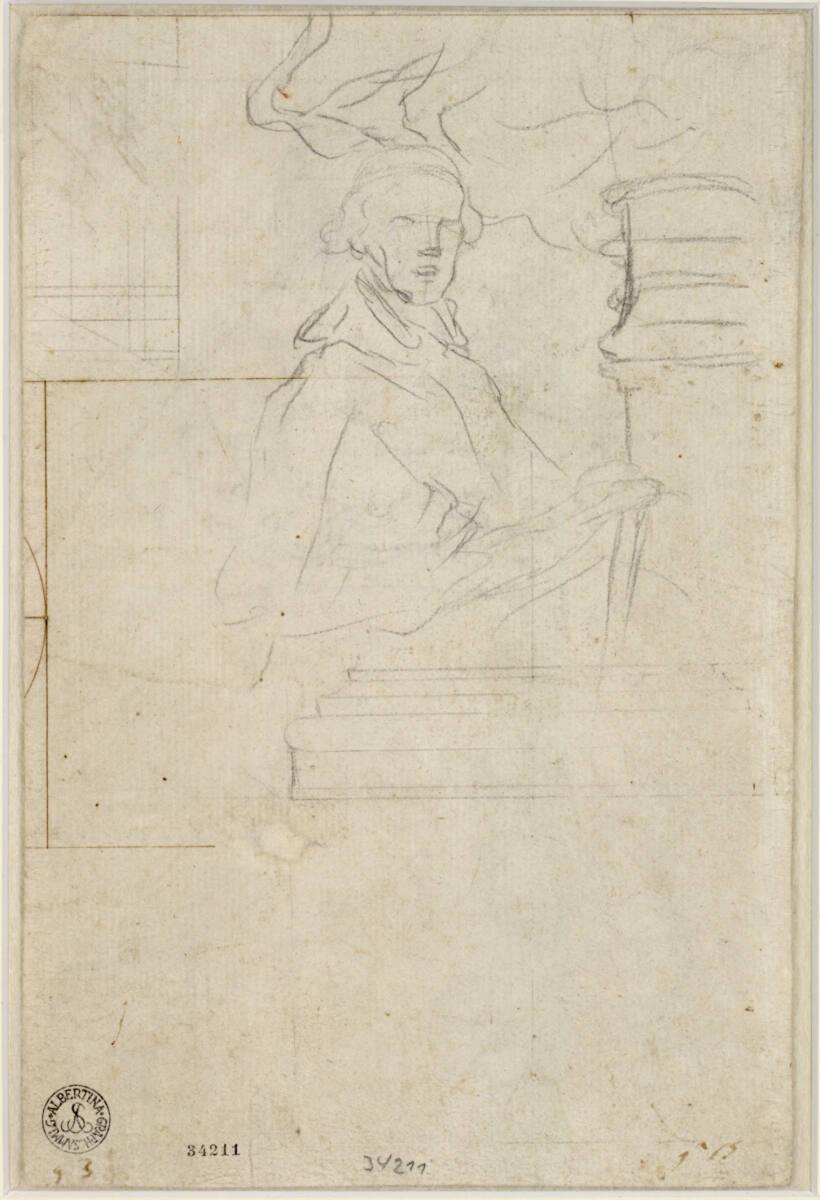 Porträt eines Mannes (Halbfigur); geometrische Studie; Architekturskizze, Inv. Nr.: 34211v