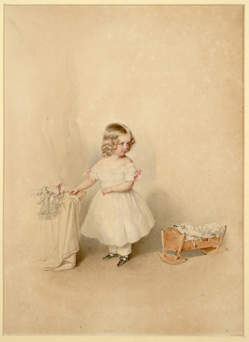 Erzherzogin Maria Anna stehend mit einer Puppenwiege und einem Tischchen, Josef Kriehuber, 1838