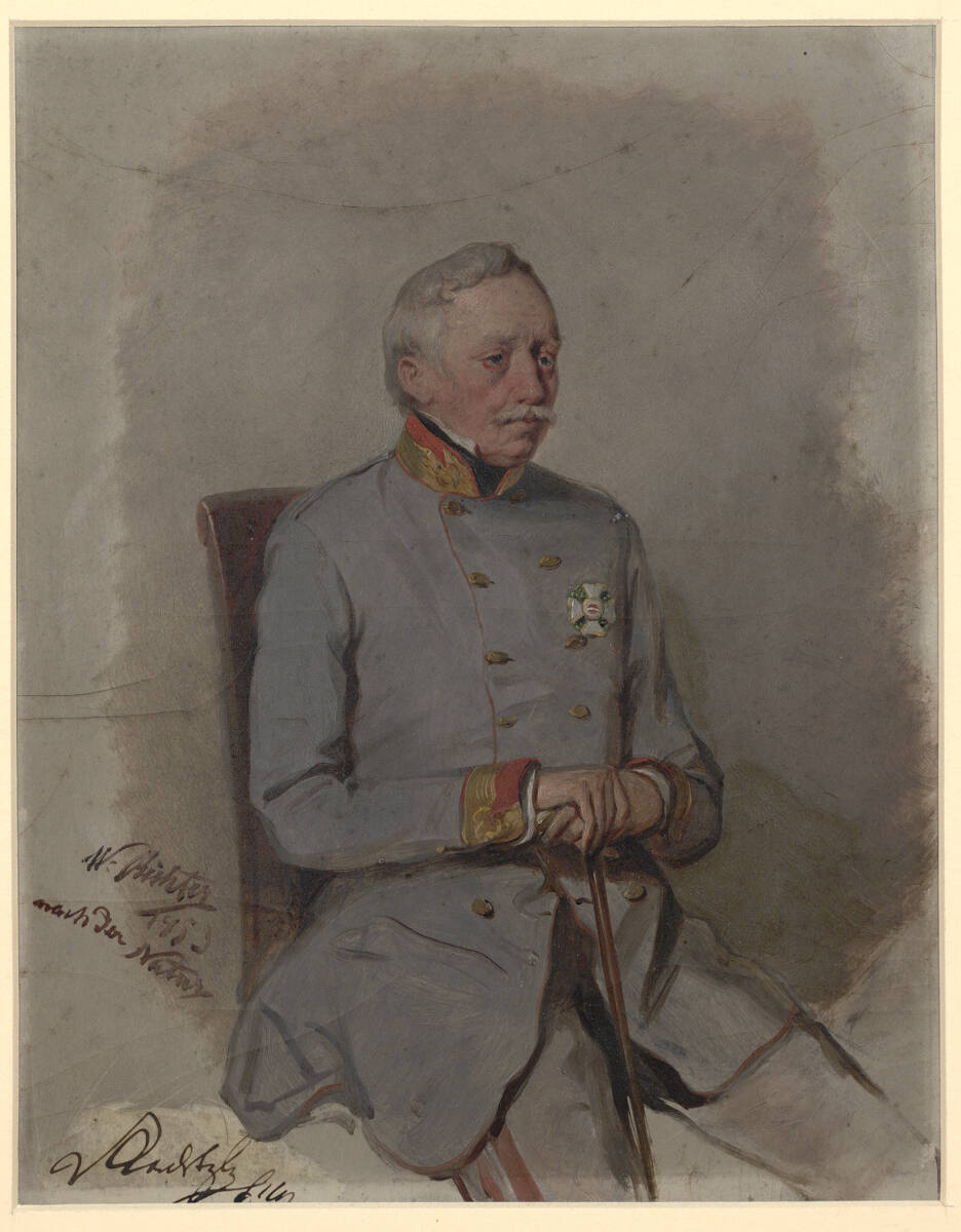 Feldmarschall Radetzky in Uniform sitzend auf seinen Sock gestützt; Kniestück nach rechts, WilhelmRichter, 1853