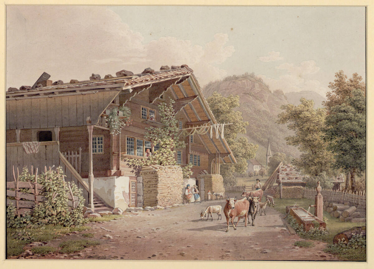 Bauernhaus im Berner Oberland mit Rindern und Ziegen beim Brunnen, FriedrichWilhelmMoritz, 1823
