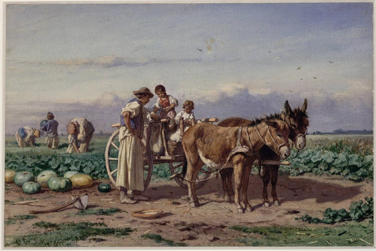 August Xaver Karl von Pettenkofen, Ungarischer Eselkarren mit Mann und zwei Kindern, dahinter d…