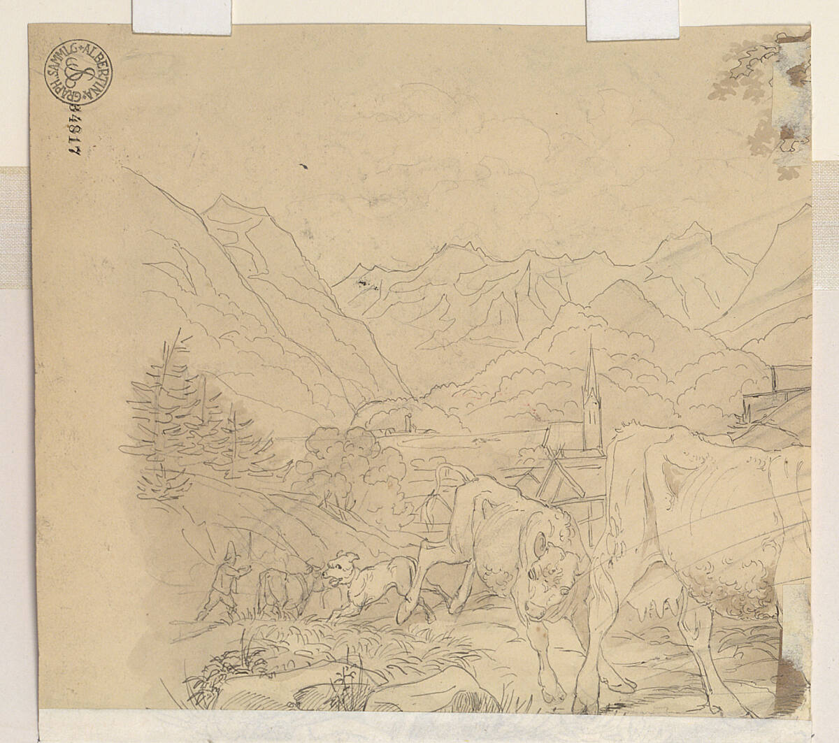 um 90° nach rechts gedreht: Alpenlandschaft mit Dorf an einem See und einer Rinderherde im Vordergrund, Ludwig Gustav Voltz, 19th century