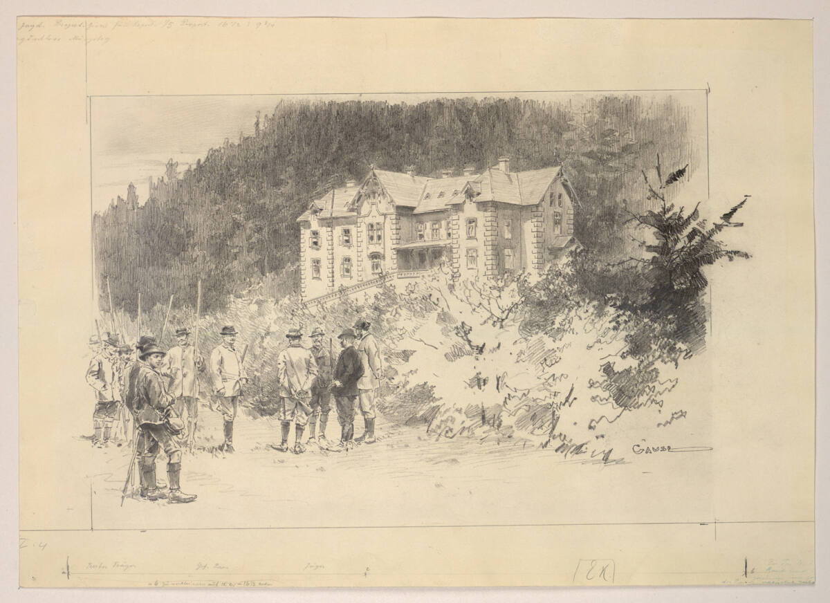Jagdschloss Mürzsteg davor Graf Paar mit Treibern und Trägern links und den Jägern rechts, Wilhelm Gause