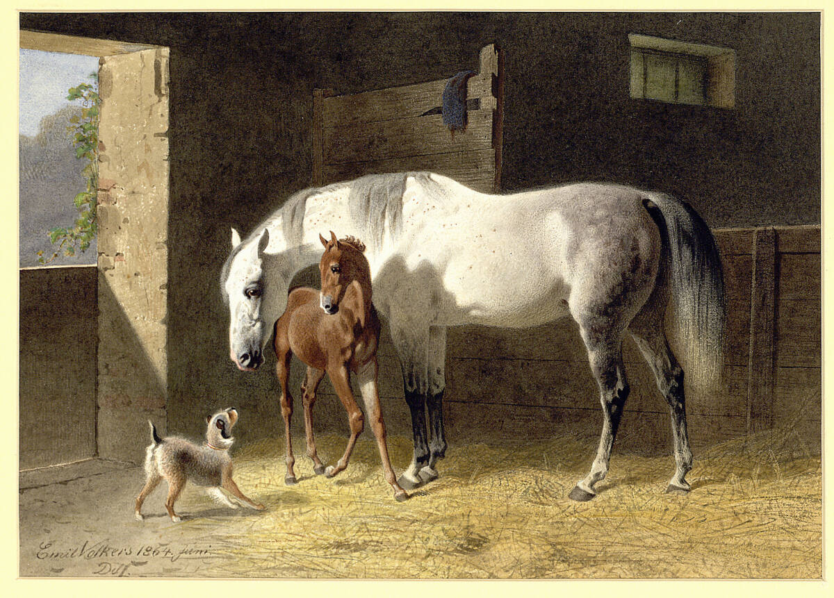 Stute und Fohlen im Stall, von einem Hund angebellt, Emil Volkers, 1864