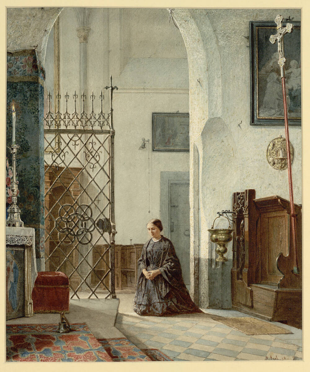 Betende Frau in der Seitenkapelle einer gotischen Kirche, Adolf Seel, 1858