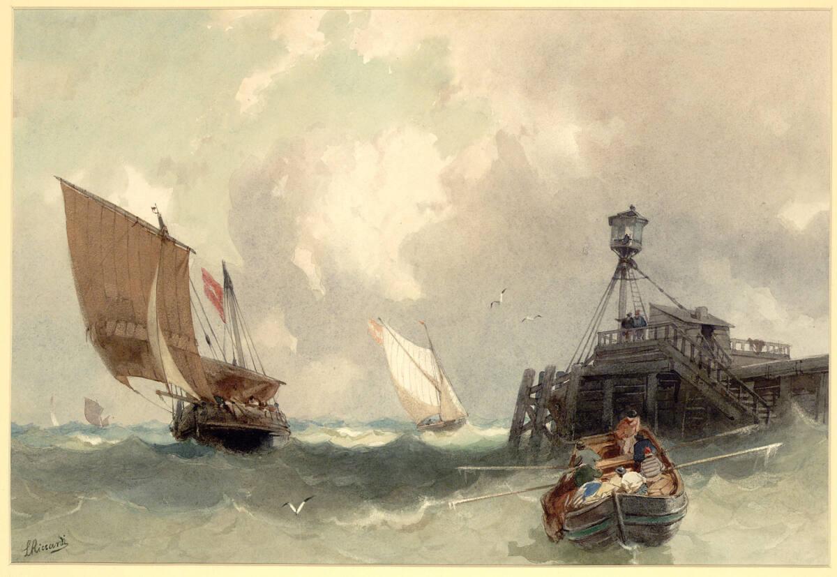 Luigi Riccardi, Segelschiffe vor Leuchtturm auf bewegter See, Inv. Nr.: 34858