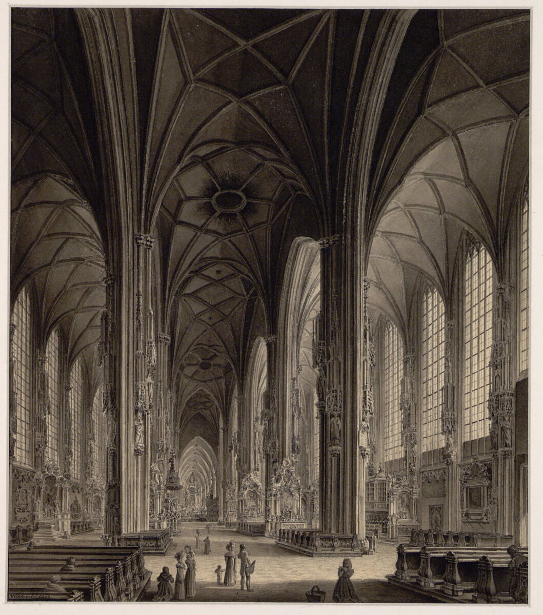 "Ansicht der Metropolitankirche St. Stephan in Wien, vom Riesentor auf den Hochaltar", Georg Christian Wilder, 1823