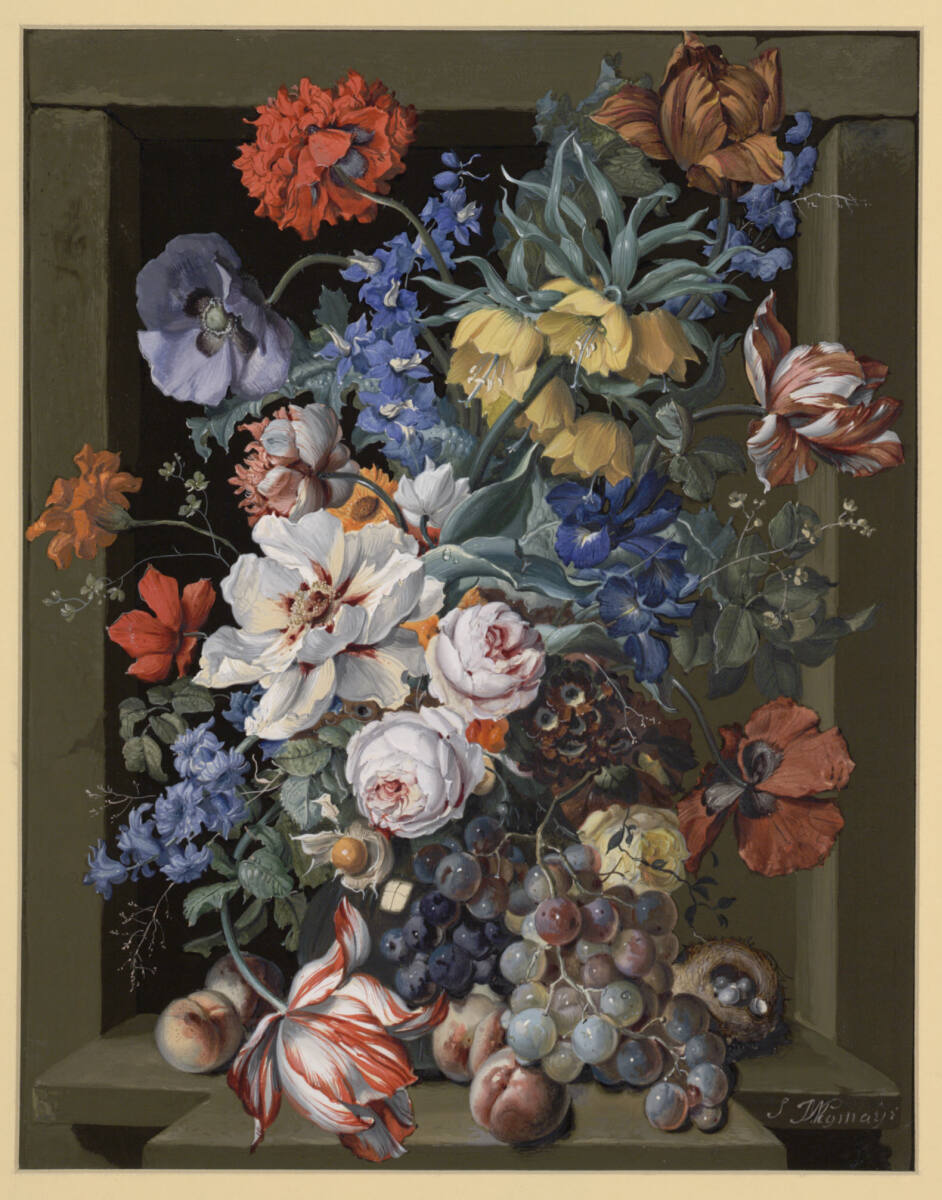 Stillleben mit Blumen, Weintrauben und Pfirsichen, Sebastian Wegmayr