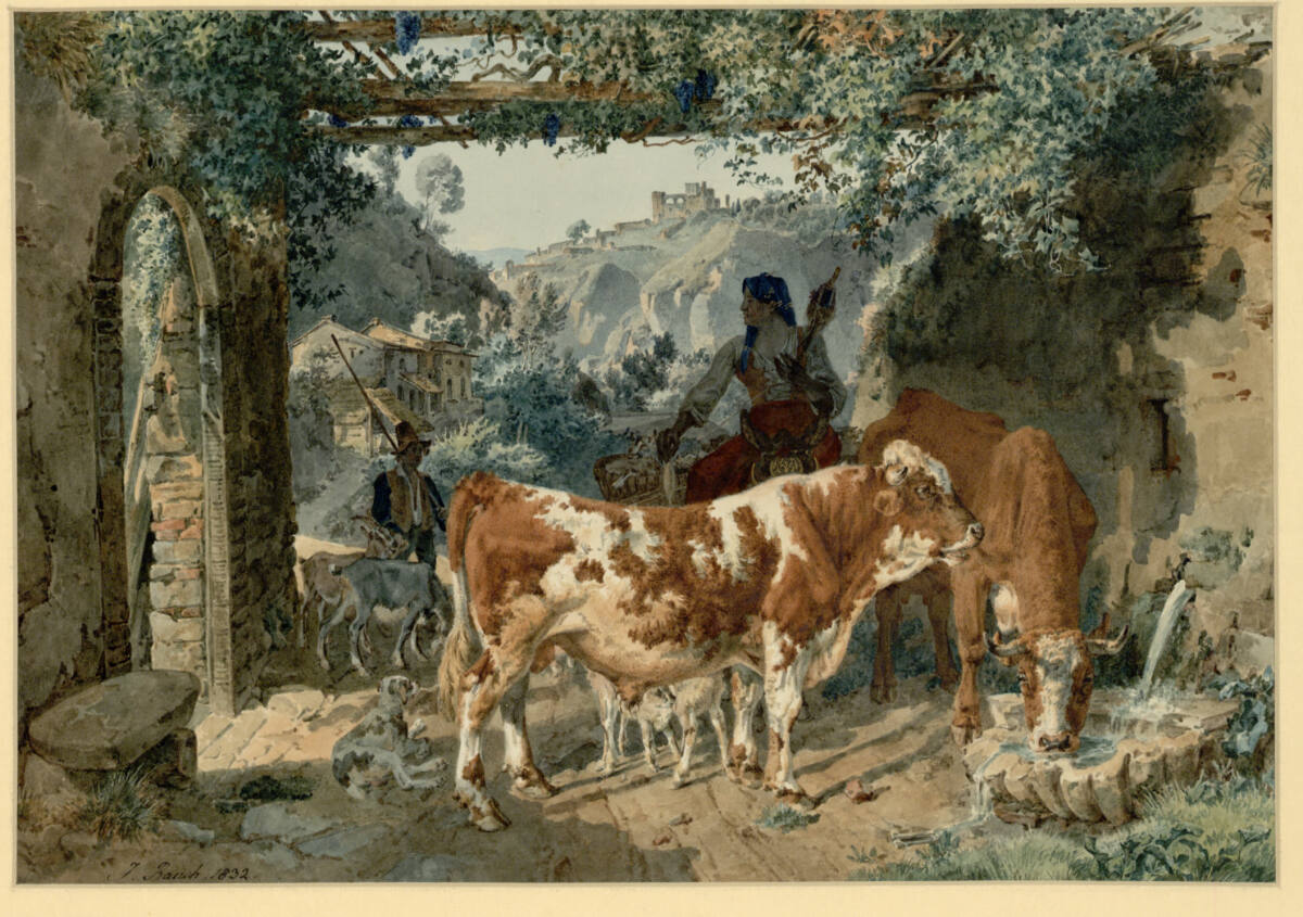Italienische Landschaft mit Kühen an einem Brunnen, Johann Nepomuk Rauch, 1832