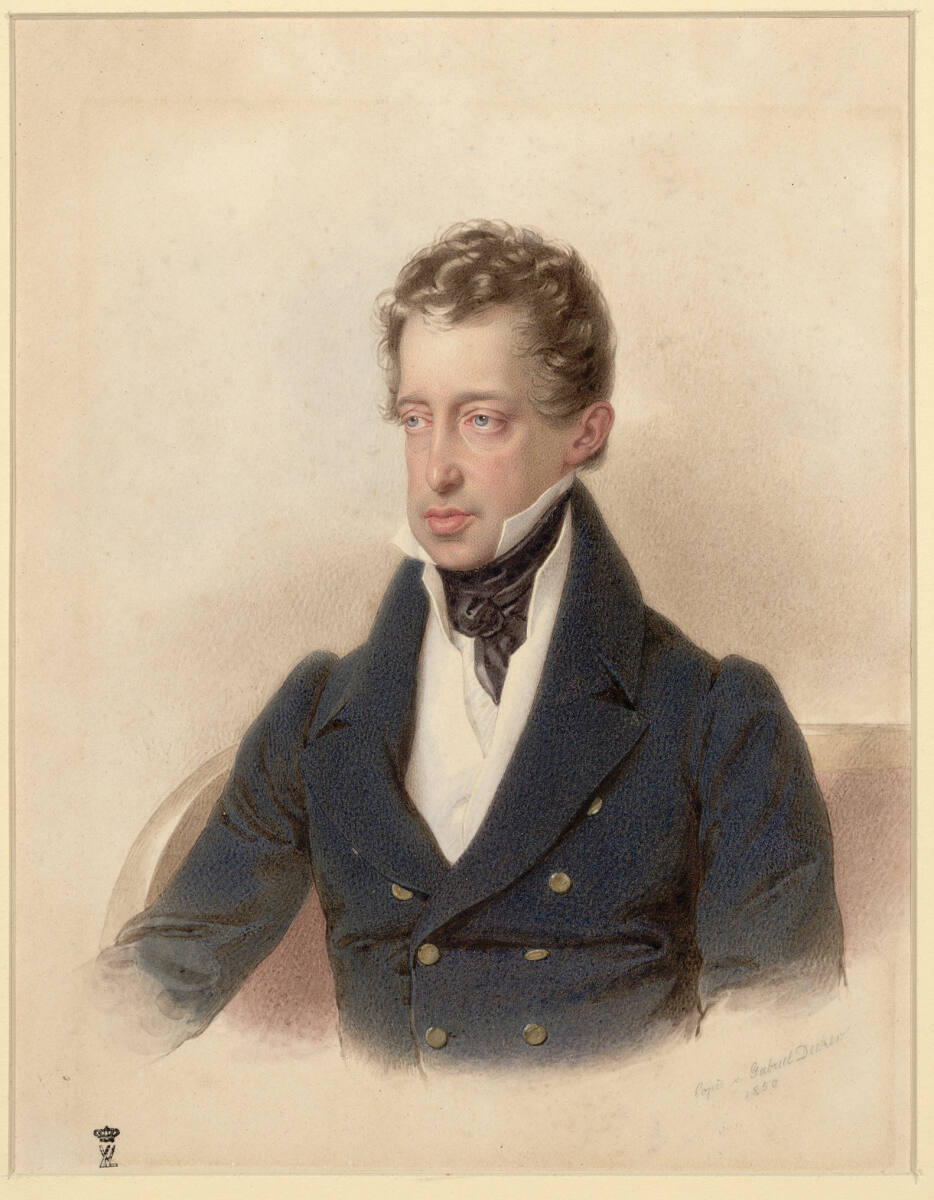 Herrenbildnis in Vatermörder, blauer Rock mit Goldknöpfen, das Gesicht nach links gewendet auf rotem Sofa sitzend, blaue Augen, blondes Haar, Gabriel Decker, 1850