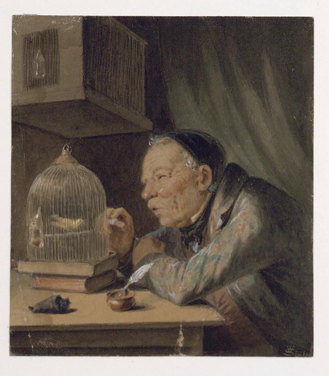 Wilhelm Simmler, Alter Herr in Hausmantel und Hausmütze am Tisch mit einem Kanarienvogel schäke…