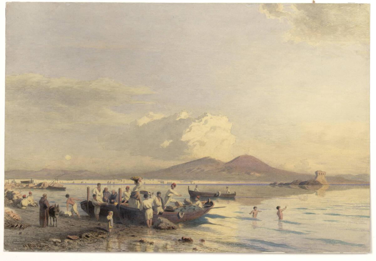 Anonym, Zwei Fischerboote beim Abladen am Strand einer mediterranen Hafenstadt, Inv. Nr.: 35079