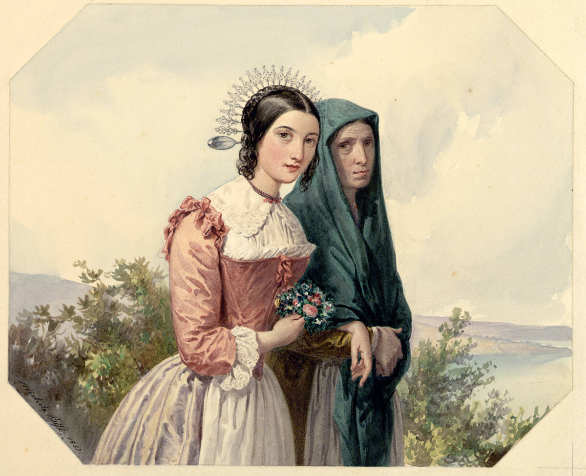 Junge Frau mit Diadem in Begleitung einer älteren mit grünem Umhängetuch (Kniestück), Michele Bisi, 1857
