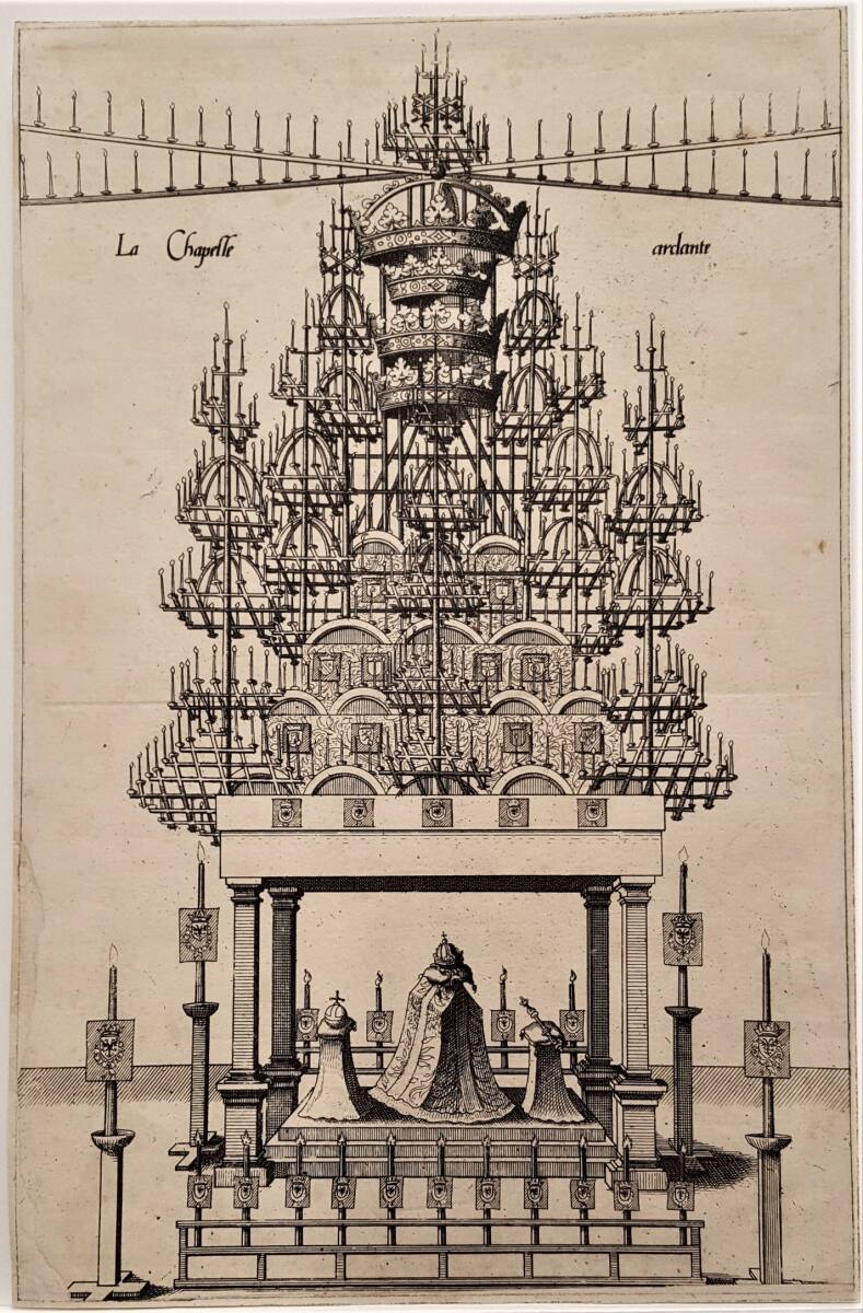 Trauerfeierlichkeiten für Kaiser Karl V. am 29. Dezember 1558 in Brüssel: Trauergerüst in der Kathedrale St. Gudula (Tafel 1), ChristophPlantin, 1559