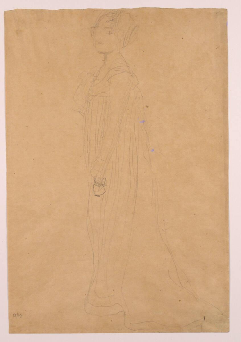 Gustav Klimt, Studie zu Bildnis Serena Lederer: Stehend nach links, die rechte Hand erhoben, In…