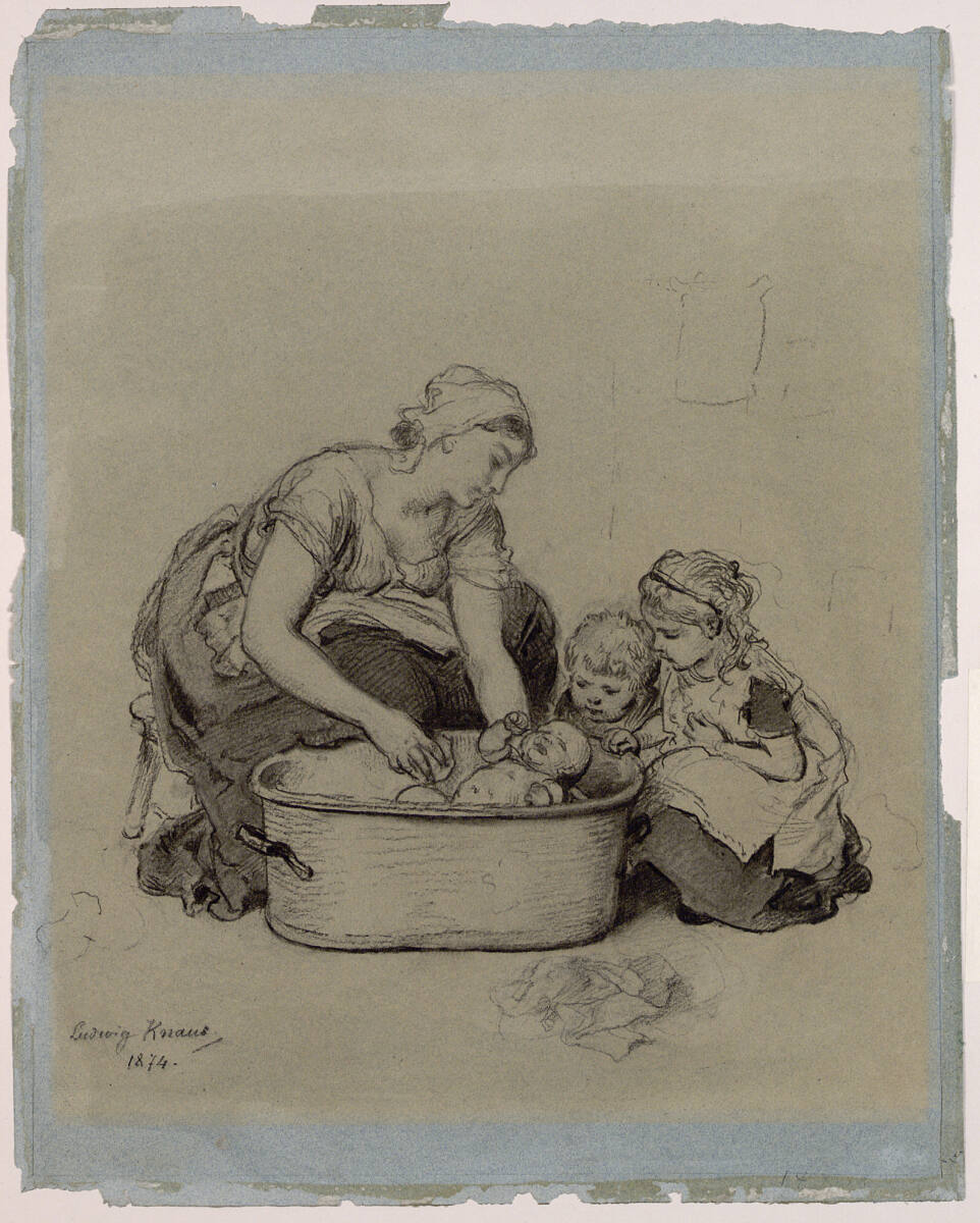 Mutter badet einen Säugling, wobei ein kleiner Junge und ein Mädchen zuschauen dürfen, Ludwig Knaus, 1874
