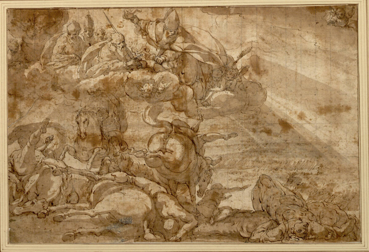 Heilige erscheinen auf Wolken während einer Reiterschlacht, Giulio Benso