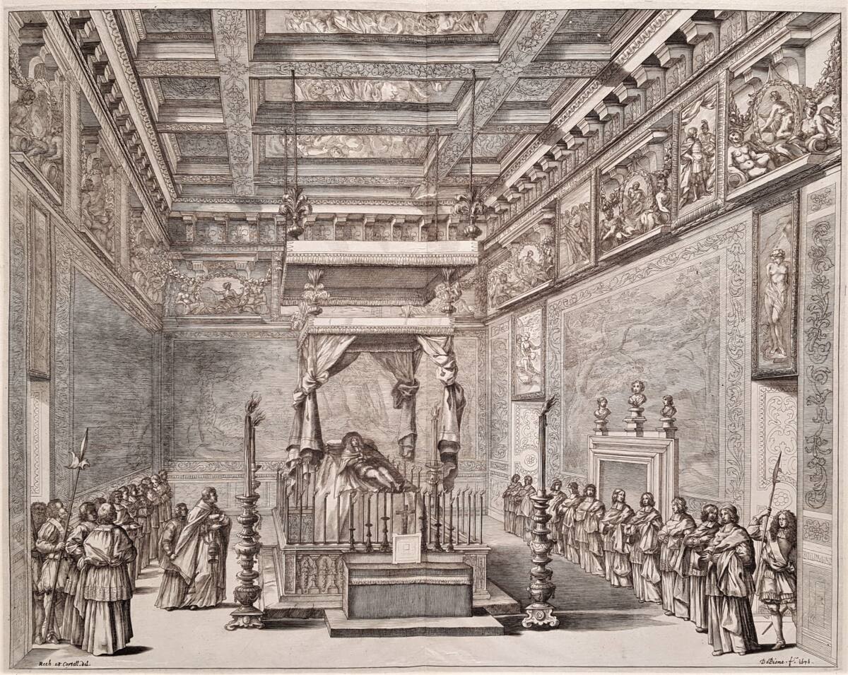 Paradebett mit dem Leichnam des Herzogs Karl Emanuel II. von Savoyen in der Sala delle Dignità im Palazzo Reale in Turin 1675, AntoniodePiene, 1676