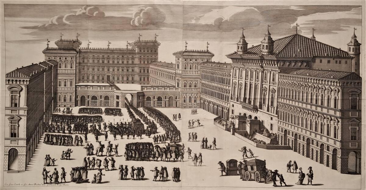 Trauerzug mit dem Leichnam von Herzog Karl Emanuel II. von Savoyen in Turin vom Palazzo Reale z…