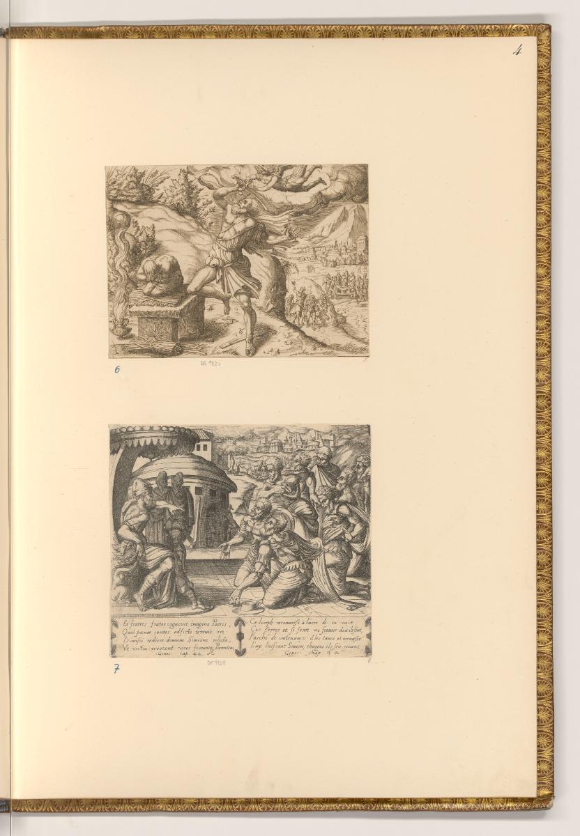 Kupferstiche von  Pierre Woeiriot de Bouzey, Abrahams Opfer; Die erste Reise der Brüder Josefs …