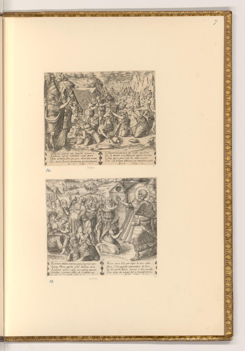 Kupferstiche von  Pierre Woeiriot de Bouzey, Das Mannawunder; Moses mit den Gesetzestafeln, Inv…