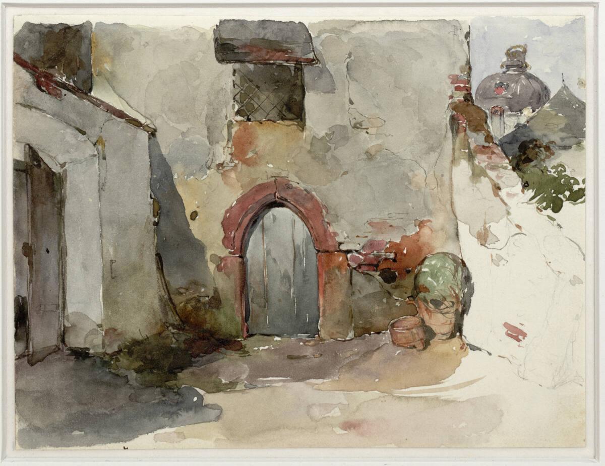 Peter Fendi, Gotischer Torbogen mit Kuppel des Stiftes Klosterneuburg im Hintergrund (Blatt aus…