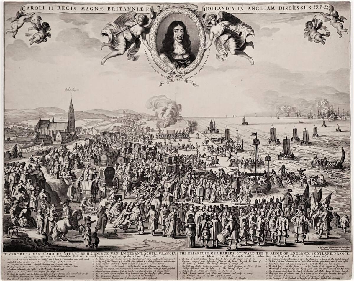 Abreise des Königs Karl II. von England aus den Niederlanden (Küste bei Scheveningen) nach Engl…