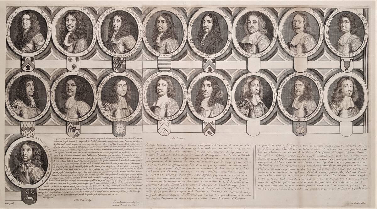 Festzug am Vrijdagmarkt in Gent zur Proklamation von König Karl II. von Spanien als Graf von Flandern am 2. Mai 1666: Porträtmedaillons der Ständemitglieder, JacobvanWerden, 1666–1667
