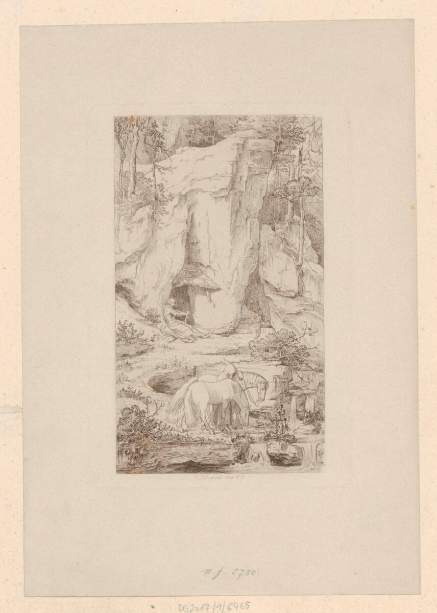 Eine felsige Landschaft mit einem Einsiedler, der die Pferde des Ritters tränkt, Moritz von Schwind