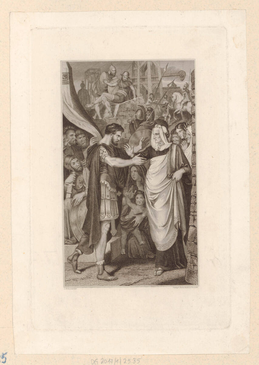 Venturia fordert Coriolan auf, die Stadt zu verschonen (Buchillustration), AdolfDworžák, 1833