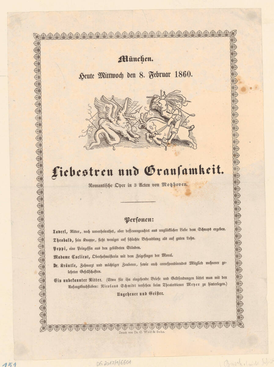 Titelblatt zur Liebestreu und Grausamkeit. Romantische Oper in 3 Acten von "Motzhoven" (Georg Kremplsetzer), München Dr.C.WolfundSohn, 1860