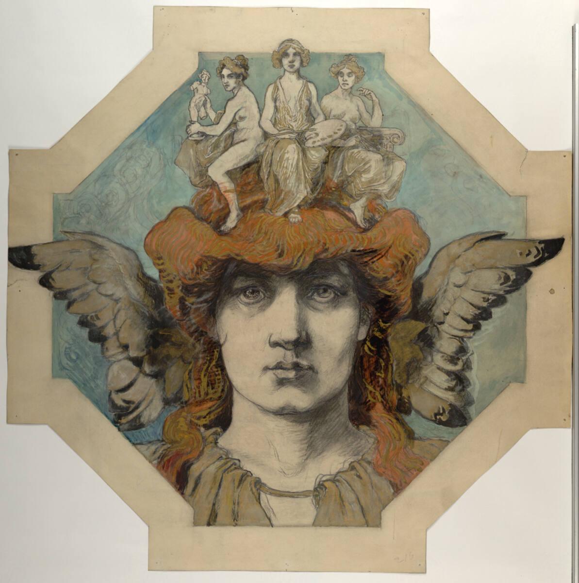 Rudolf Weyr, Kopf eines Genius mit Allegorien der Bildhauerei, Malerei und Architektur, Inv. Nr…