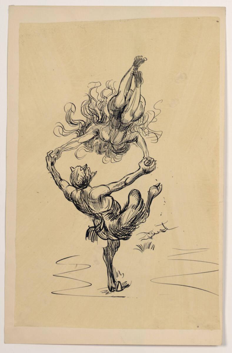 Heinrich Kley, Ein Satyr wirbelt im Tanz eine Nymphe durch die Luft, Inv. Nr.: 36306