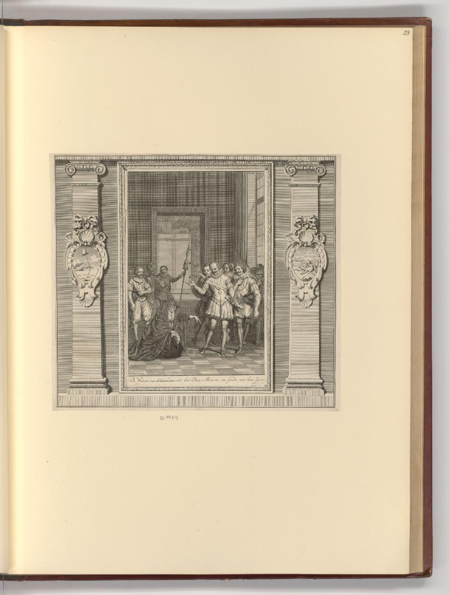 Druckgrafiken von Bernard Picart, Die Witwe von Oldenbarnevelt knied vor Moritz von Oranien, In…
