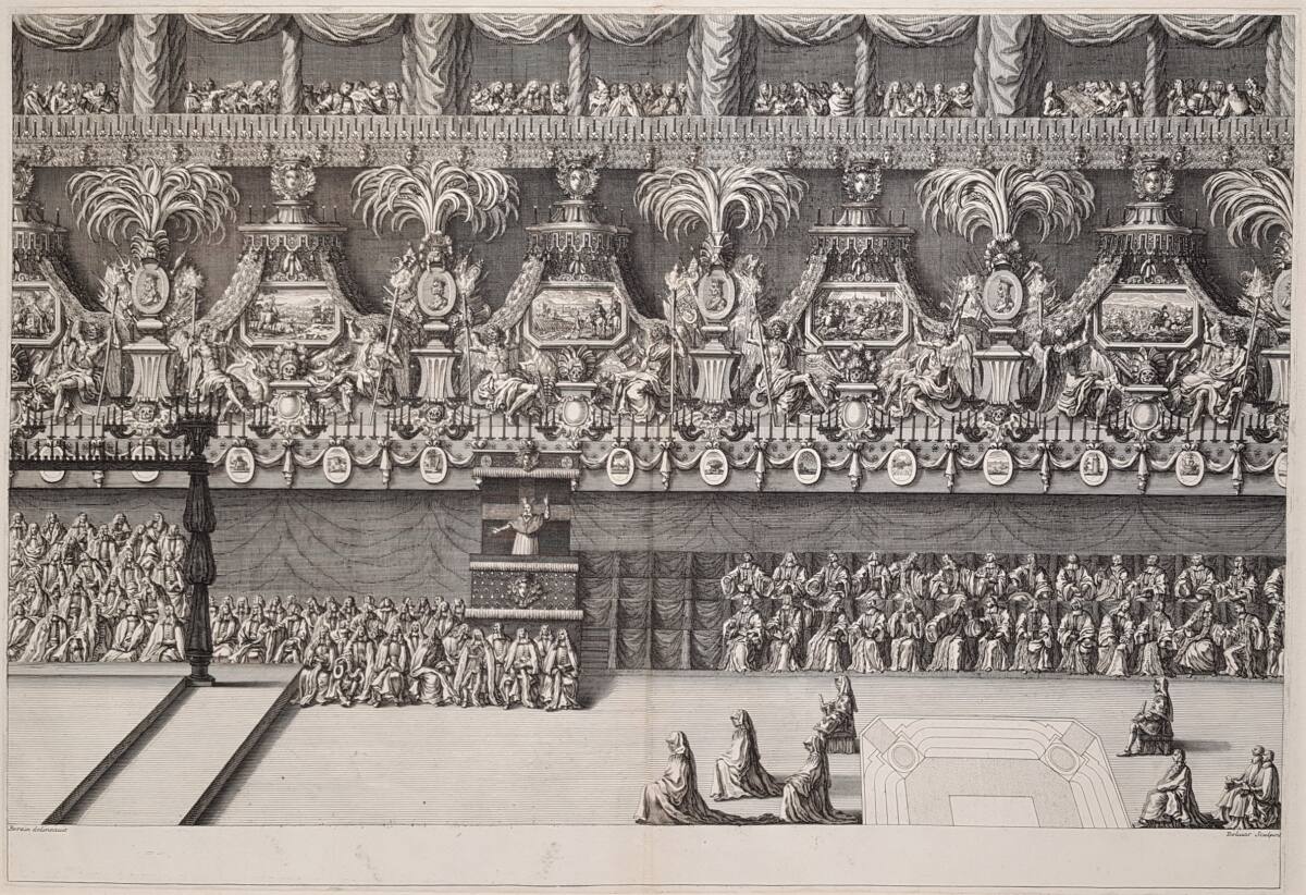 Trauerdekoration für den Prinzen Louis II. de Bourbon-Condé in der Kathedrale Notre-Dame in Paris am 10. März 1687, JeanDolivar, 1687