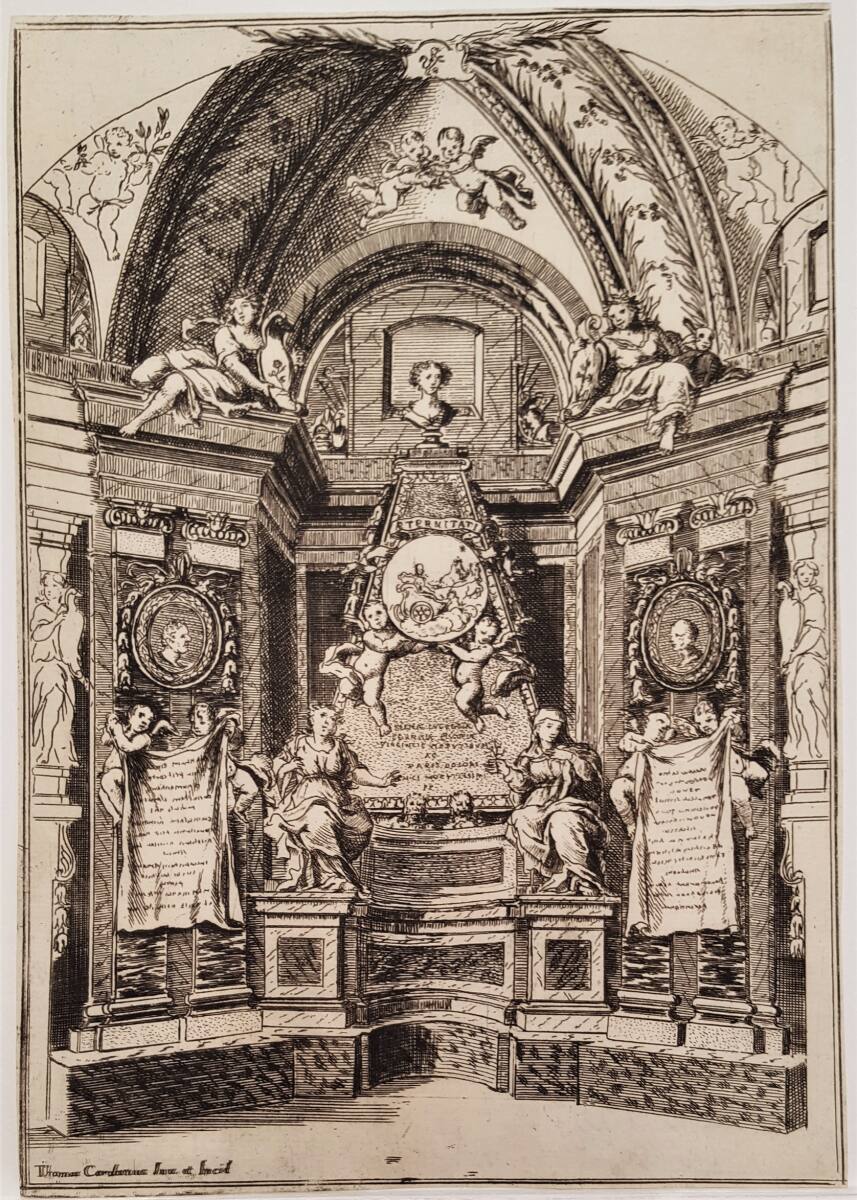 Totengedenkfeier für Elena Cornaro am Collegio der Accademia degli Infecondi bei den Barnabiten von San Carlo ai Catinari in Rom 1686: Ansicht des Gedenkraumes (Kurzseite), TommasoCardano, 1686