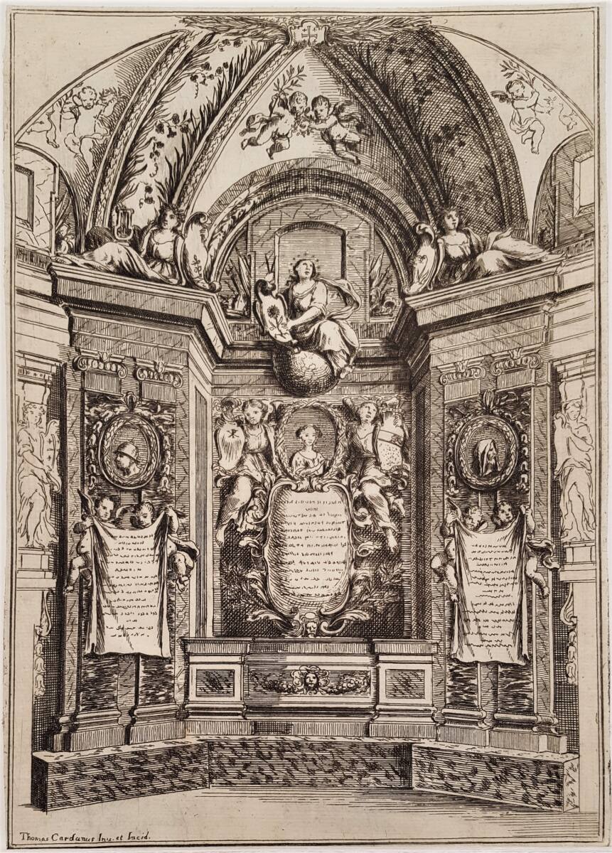 Totengedenkfeier für Elena Cornaro am Collegio der Accademia degli Infecondi bei den Barnabiten von San Carlo ai Catinari in Rom 1686: Ansicht des Gedenkraumes (Kurzseite), TommasoCardano, 1686