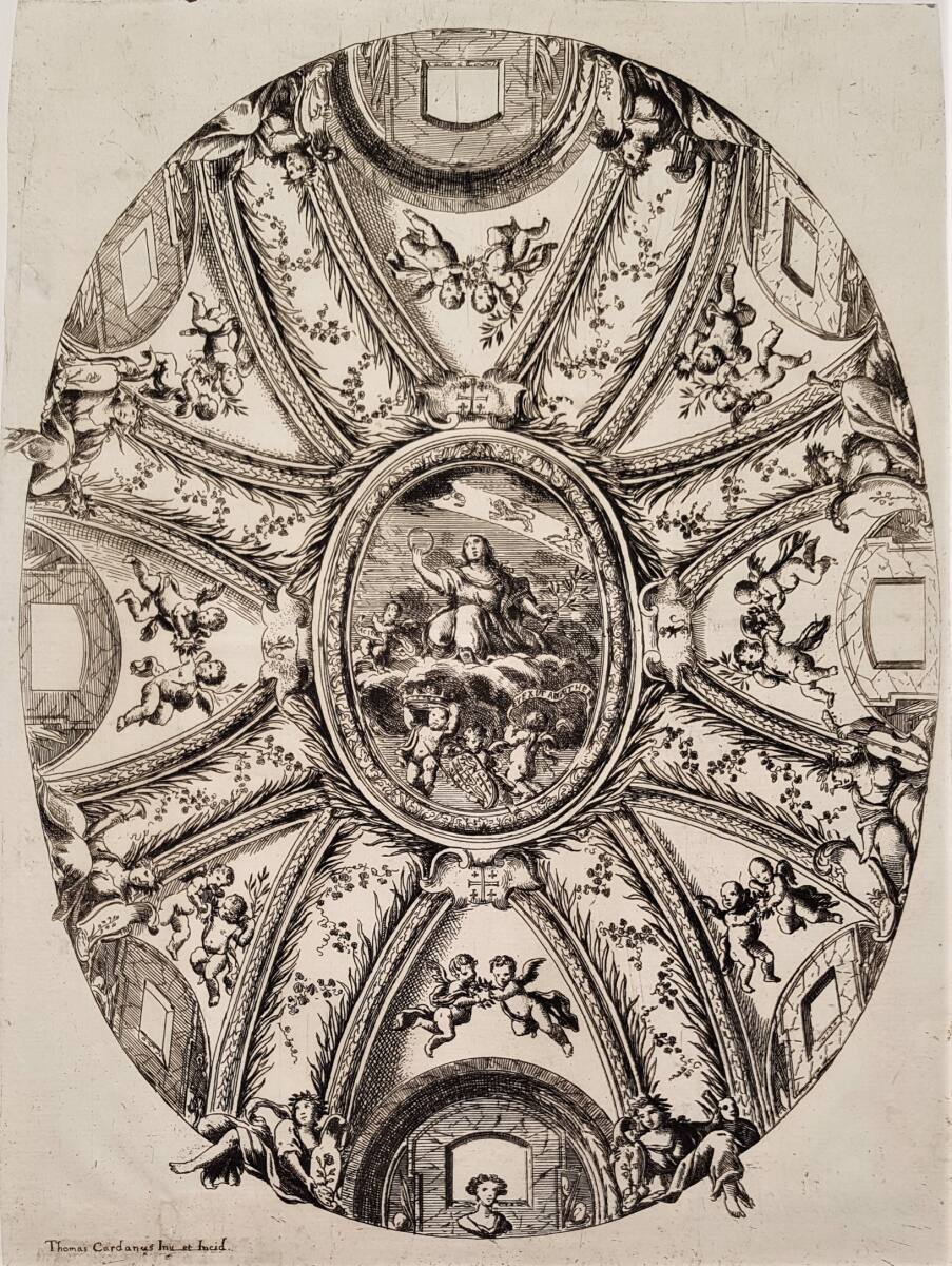 Totengedenkfeier für Elena Cornaro am Collegio der Accademia degli Infecondi bei den Barnabiten von San Carlo ai Catinari in Rom 1686: Ansicht des Gedenkraumes (Decke), TommasoCardano, 1686